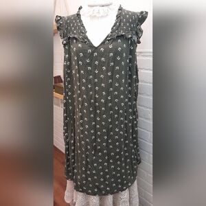 Olive Green Dress with White Leaf Pattern